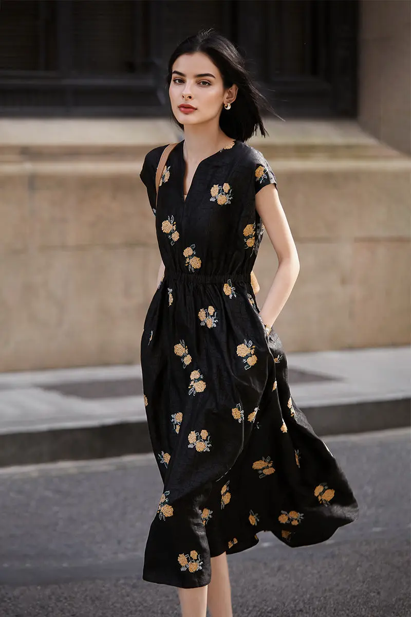 Xiang Yun Silk Floral Hand-Embroidery Midi Dress - HBQMJX