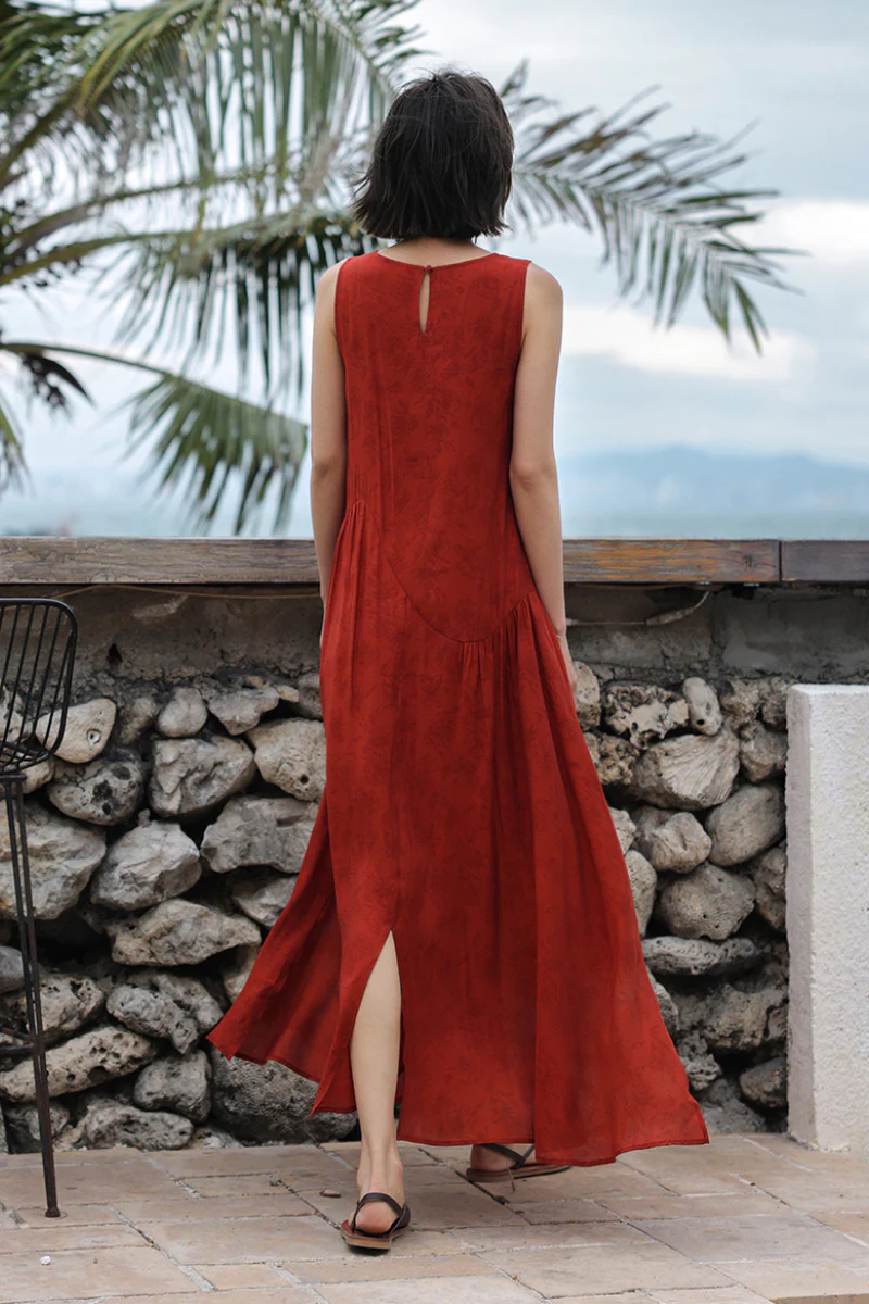 Red Asymmetrical Tiered Sleeveless Maxi Dress with Floral Print - HBQMJX