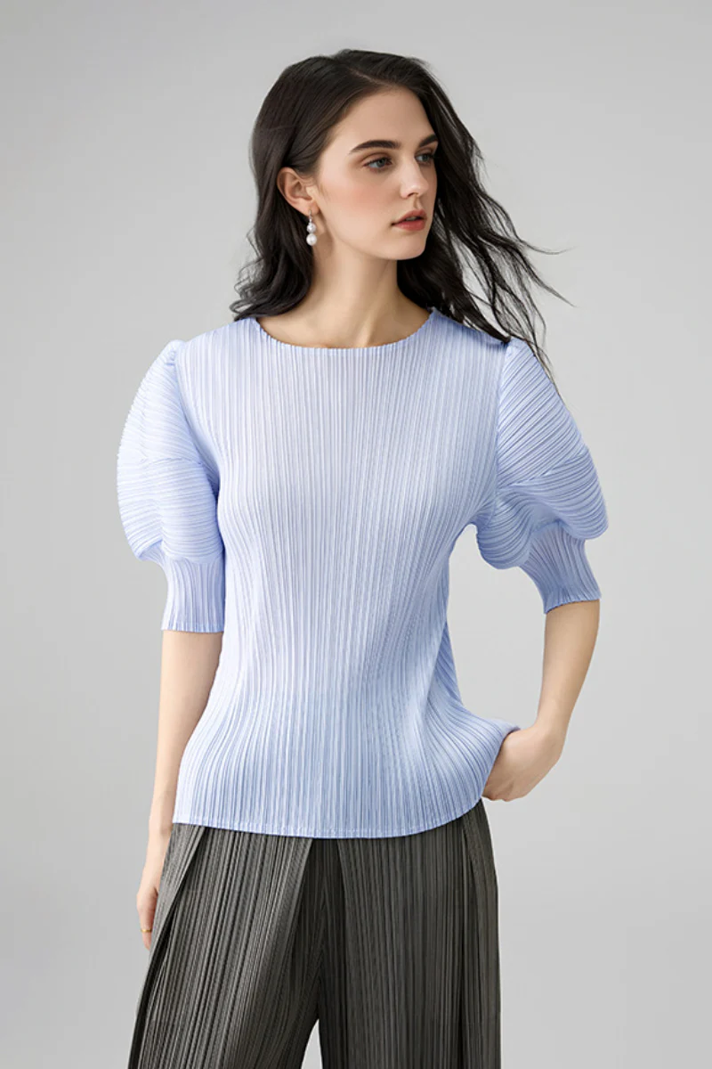 Designer Inspired Pleated Puff-Sleeve Top - HBQMJX