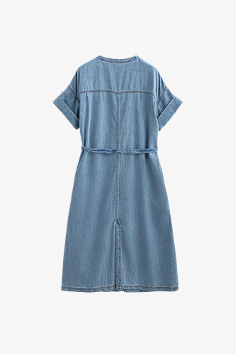 Denim Short-Sleeve Button-Up Belted Midi Shirt Dress with Back Slit - HBQMJX