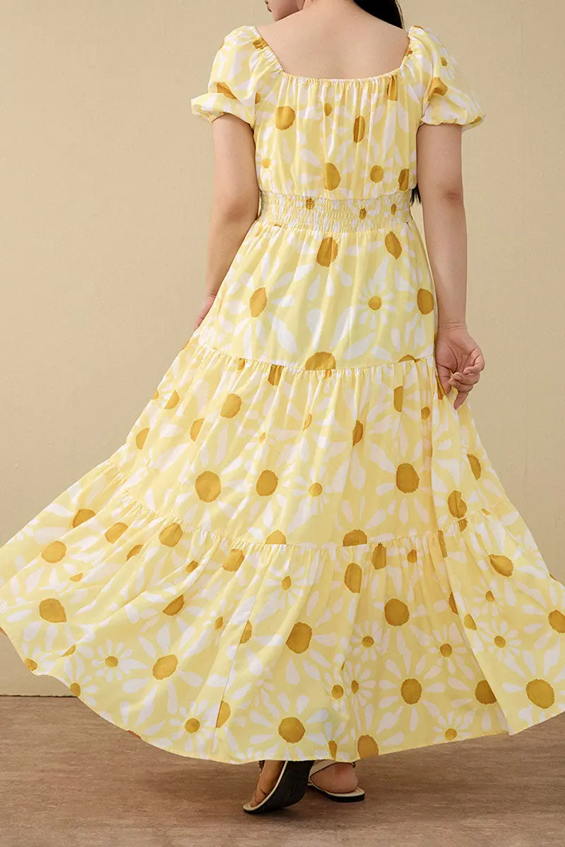 Yellow Floral Tiered Smocked Maxi Dress - HBQMJX