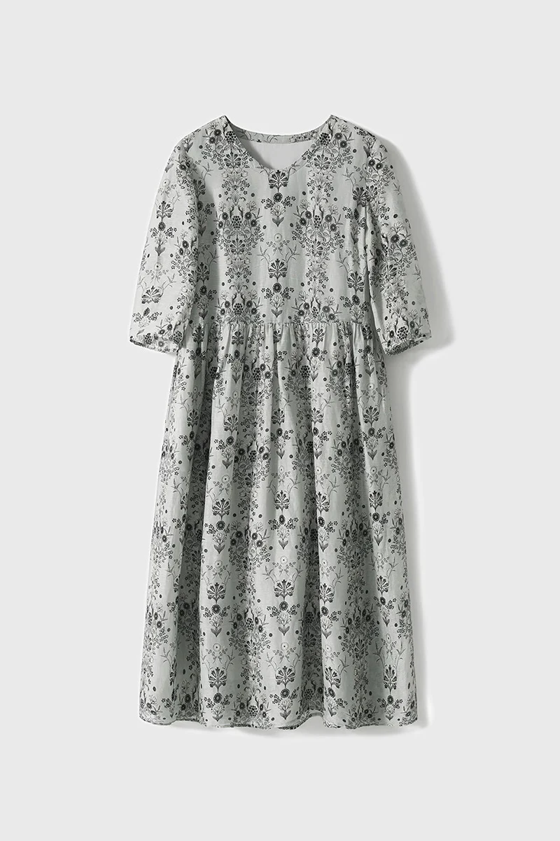Floral Elbow-Sleeve Midi Dress in Linen-Silk Blend - HBQMJX