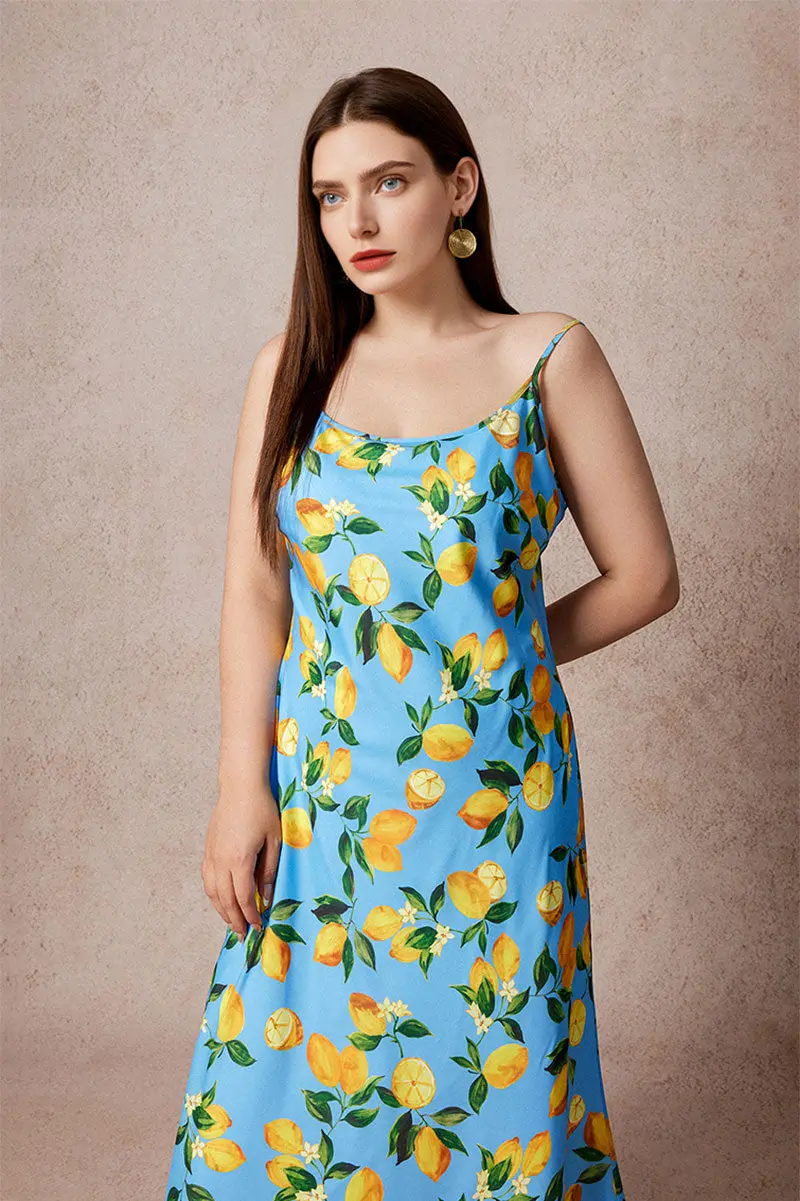 Blue Lemon Print Midi Slip Dress - HBQMJX
