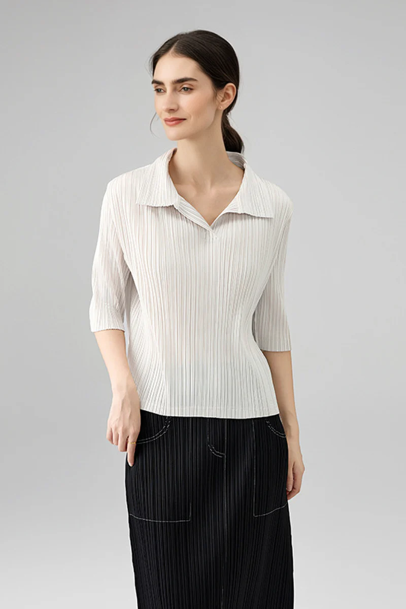 Designer-Inspired Pleated Elbow-Sleeve Polo Shirt - HBQMJX