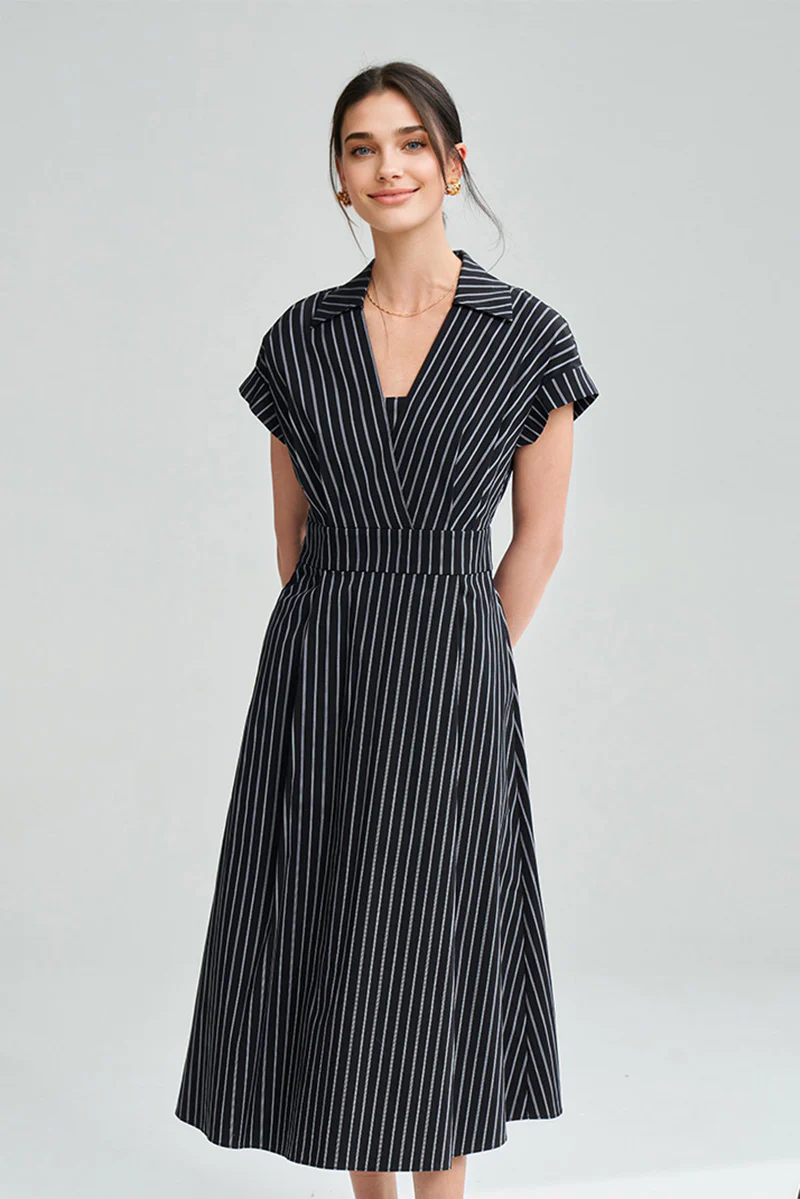 Black & White Striped A-Line Cap-Sleeve Midi Dress - HBQMJX