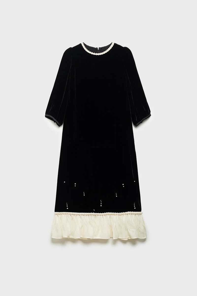 Ostrich-Feather Velvet Elbow-Sleeve Midi Dress with Pearl Trim - HBQMJX