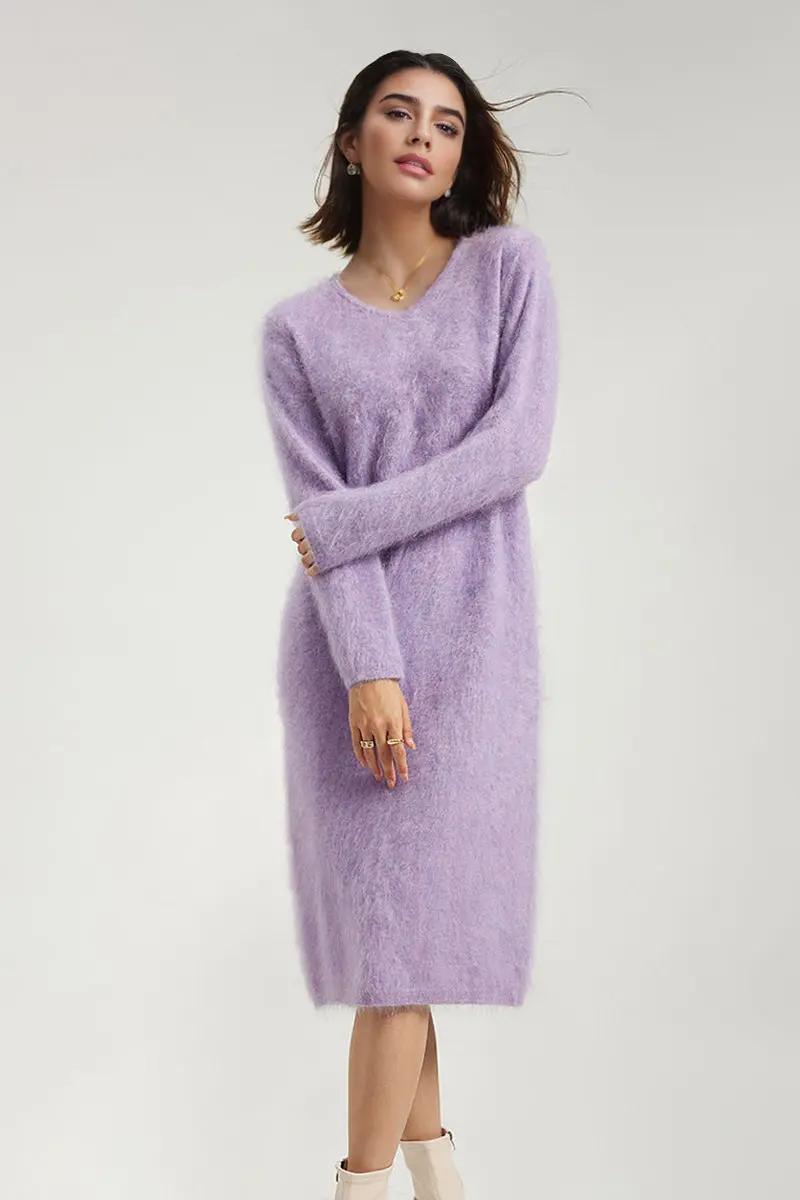 Classic Brushed Cashmere V-Neck Long Sleeve Sweater Dress - HBQMJX
