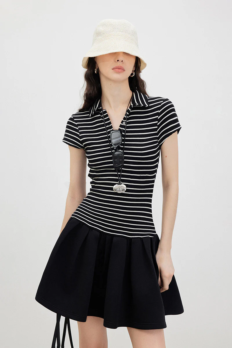 Black Polo-Neck Short-Sleeve Mini Dress in Stripe - HBQMJX