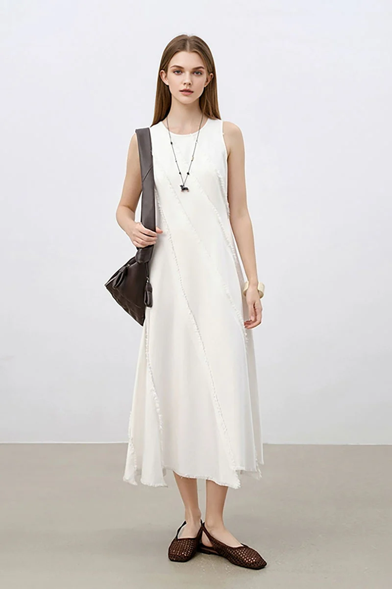 White A-Line Sleeveless Midi Dress with Raw Seams - HBQMJX