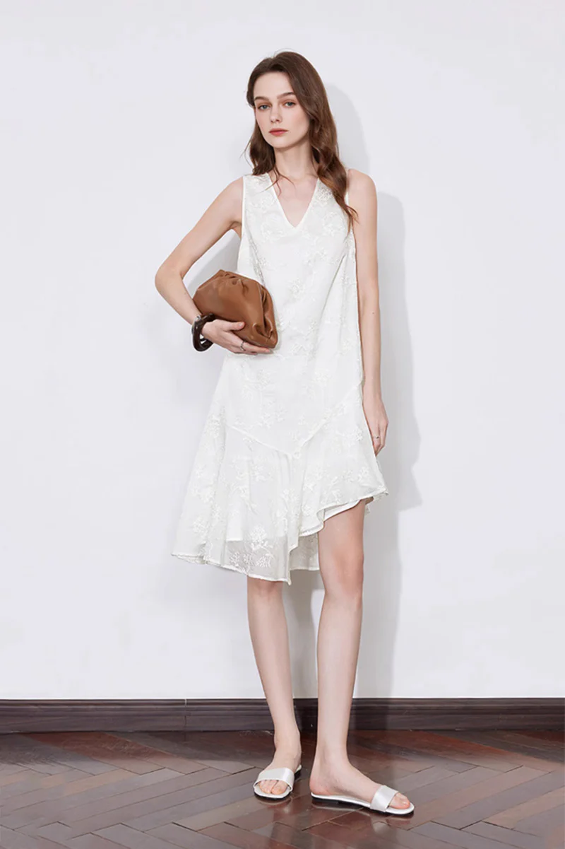 White Asymmetrical Heavy-Embroidery Sleeveless Midi Dress in Lyocell - HBQMJX