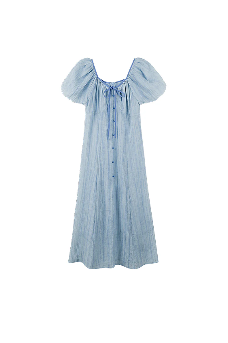 Baby Blue Lyocell V-Neck Puff-Sleeve Midi Dress - HBQMJX