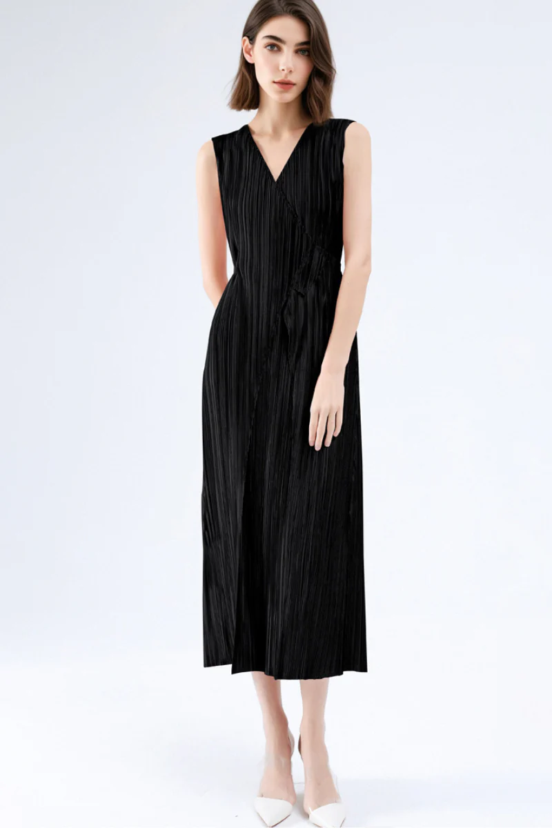 Designer Inspired Pleated Sleeveless Midi Wrap Dress - HBQMJX