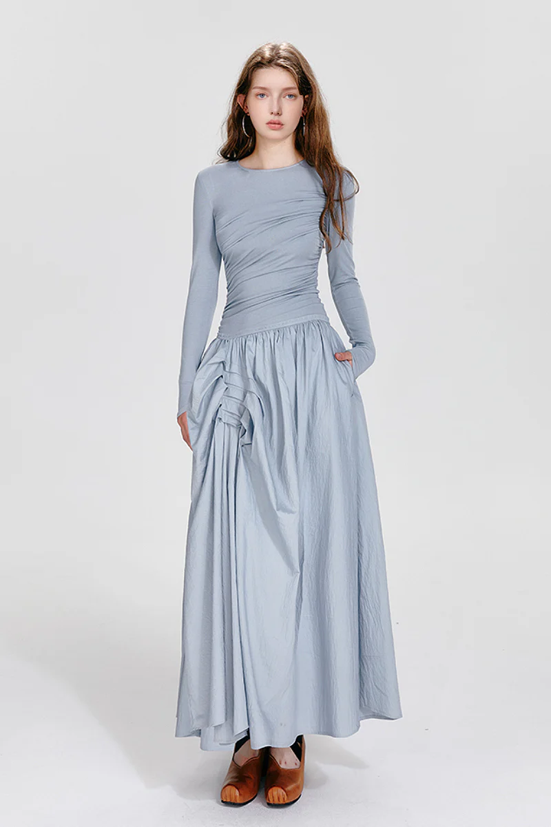 Blue Long-Sleeve Ruched Fit & Flare Maxi Dress - HBQMJX