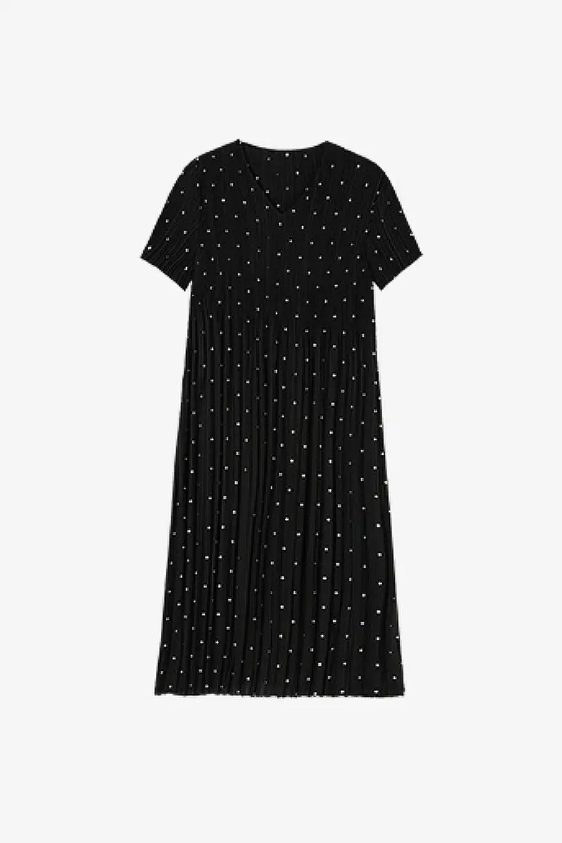 Black Pleated Polka Dot V-Neck Midi Dress - HBQMJX