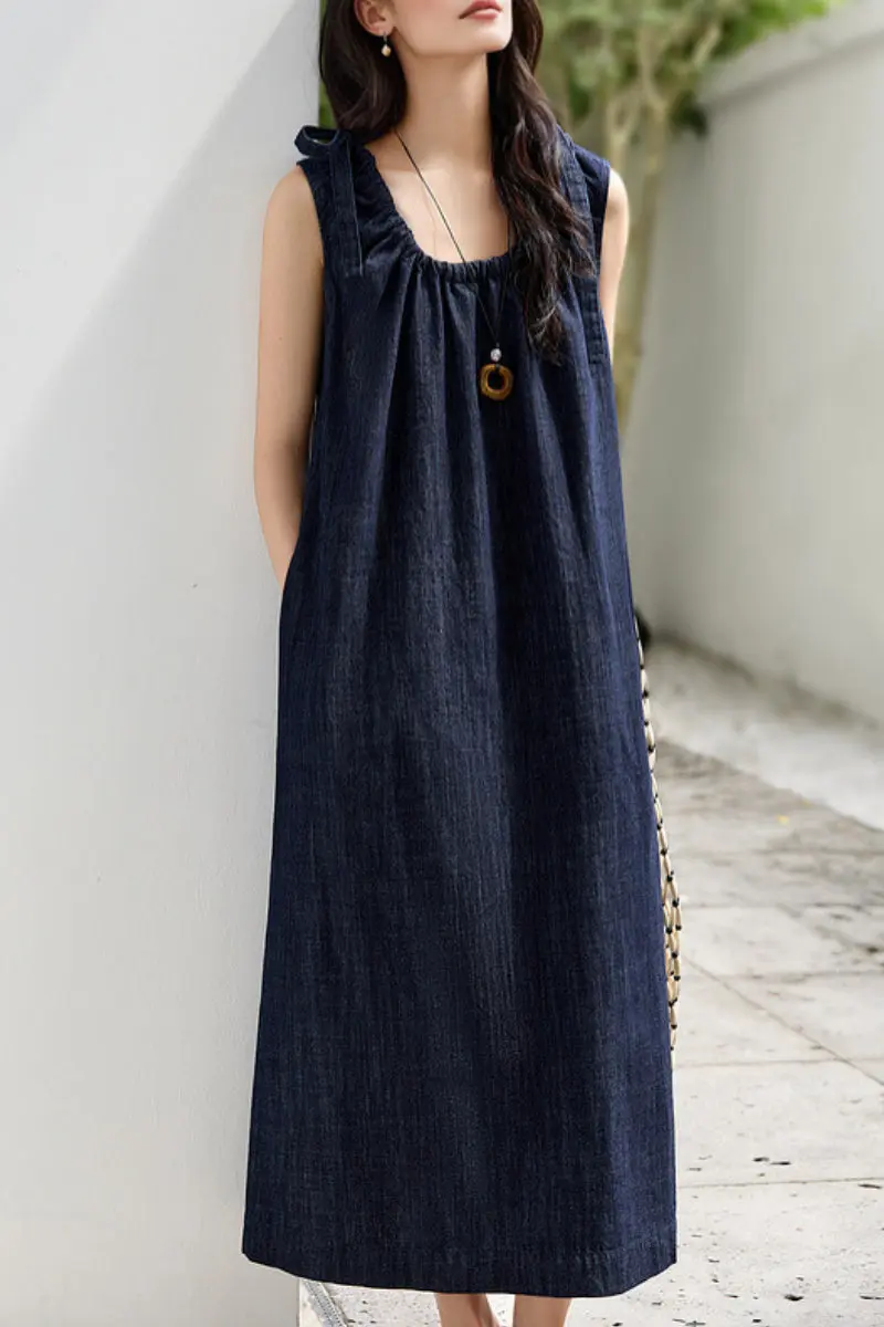 Denim Trapeze Tie-Strap Midi Dress - HBQMJX