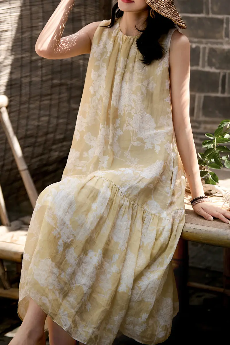 Ramie Floral Tiered Sleeveless Trapeze Midi Dress - HBQMJX