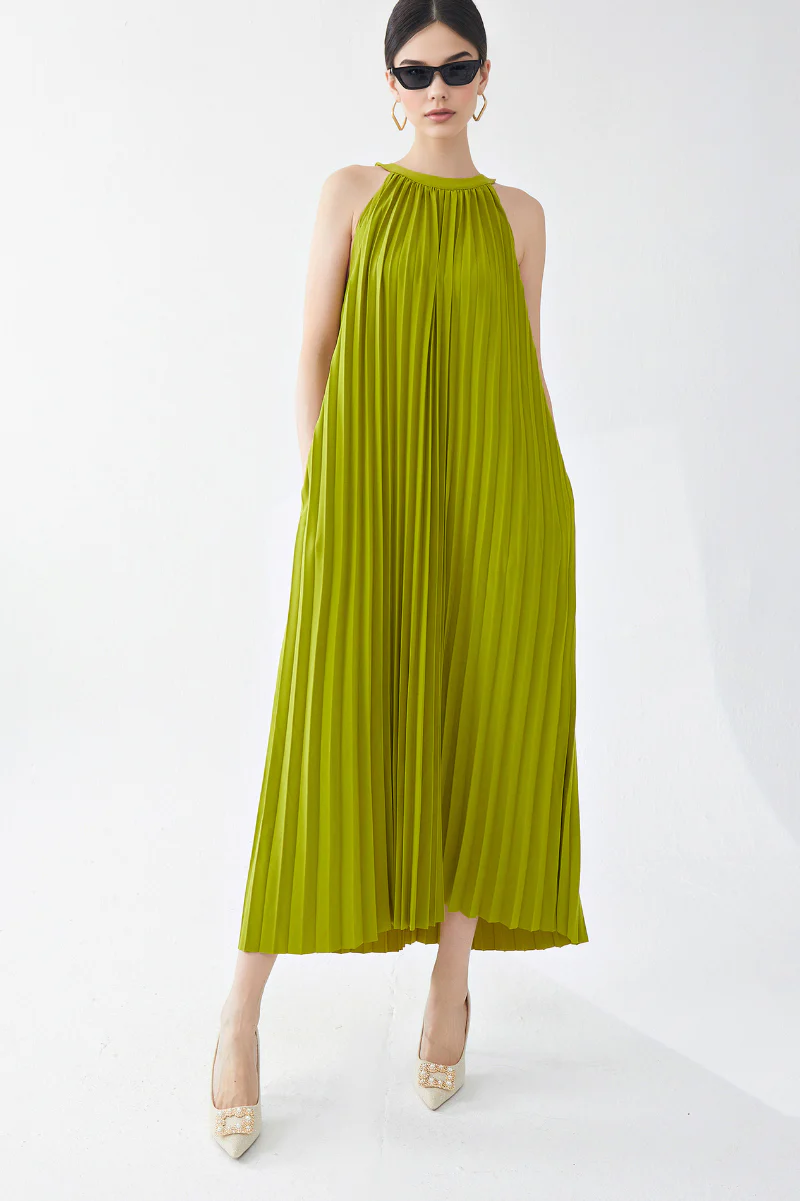 Designer Inspired Pleated Flowy Halter-Neck Midi Dress in Lime Green - HBQMJX