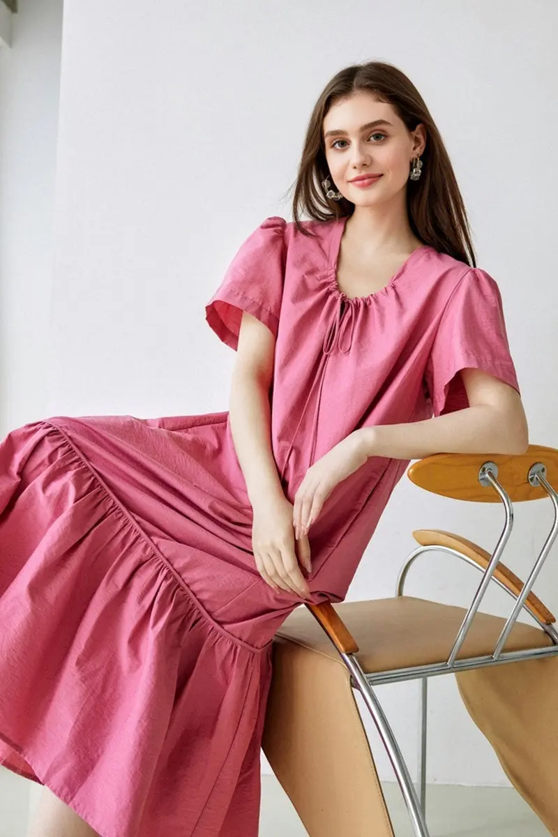 Pink Tiered Trapeze Tie-Neck Midi Dress - HBQMJX
