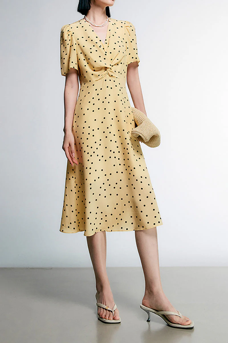 Yellow 100 Heavy Silk Crepe Polka Dot Midi Dress - HBQMJX