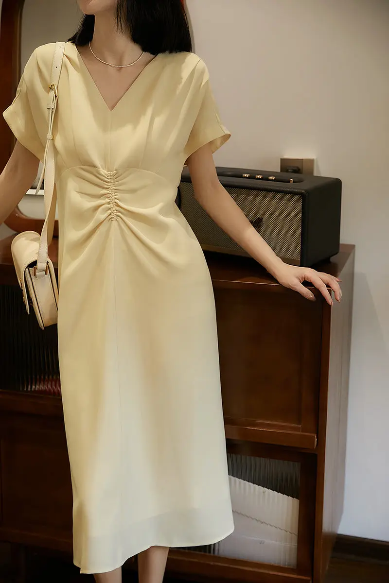 Yellow Triacetate V-Neck Gathered Waist Midi Dress - HBQMJX