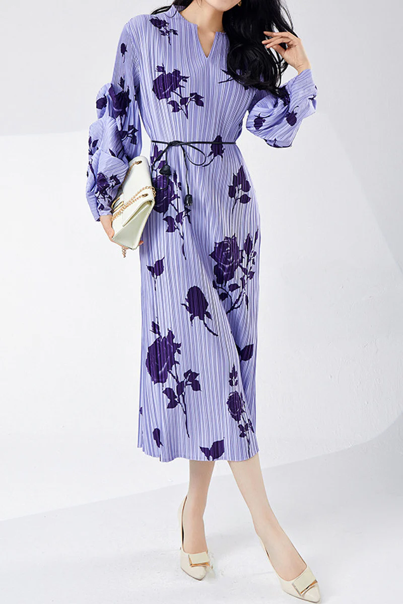 Designer Inspired Pleated Floral Long-Sleeve Midi Dress - HBQMJX