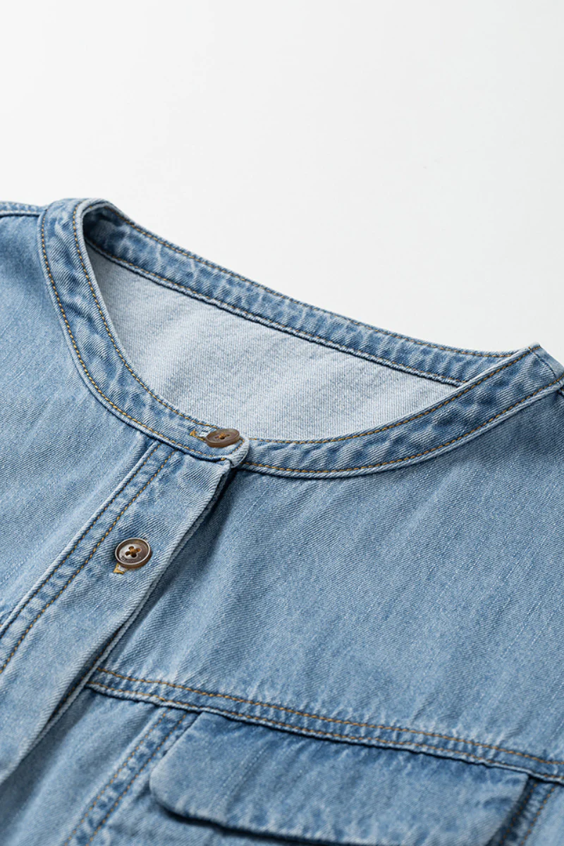 Denim Short-Sleeve Button-Up Belted Midi Shirt Dress with Back Slit - HBQMJX