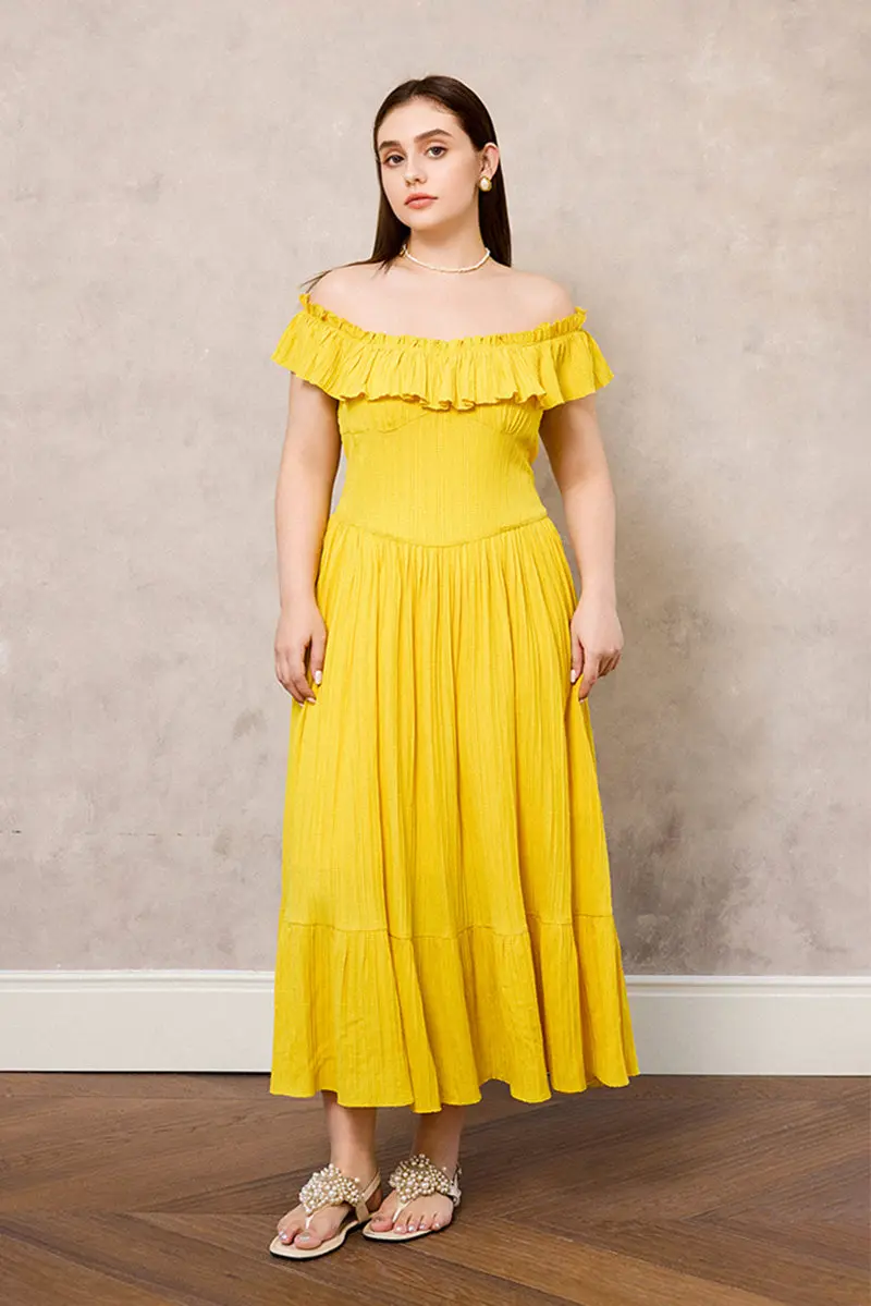 Yellow Off-the-Shoulder Ruffled Fit & Flare Midi Dress - HBQMJX