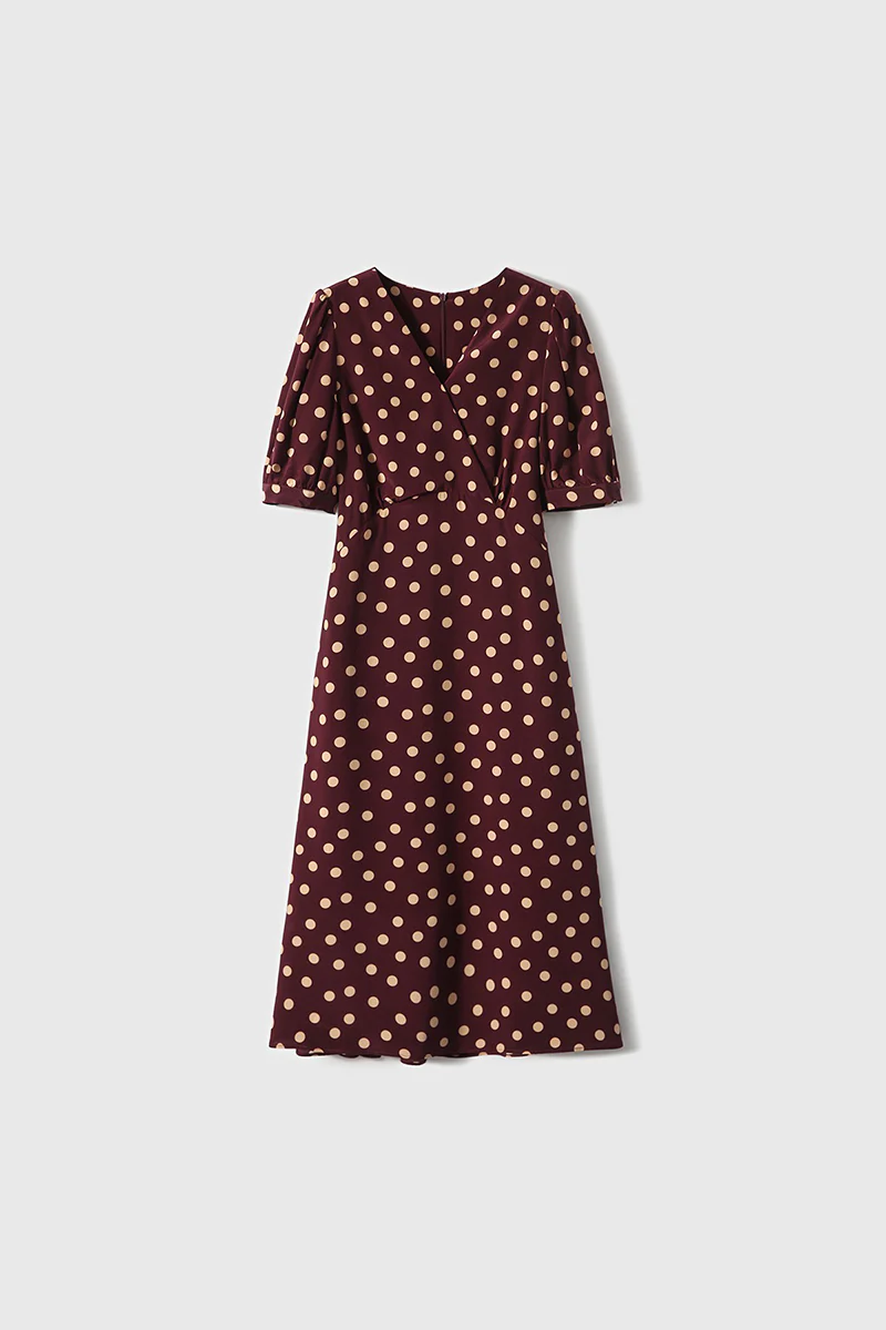 100 Mulberry Silk Red Polka-Dot Midi Tea Dress - HBQMJX