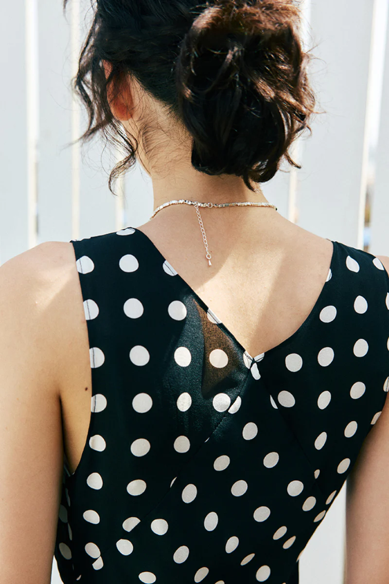 100% Silk Polka Dot V-Neck Crepe Maxi Dress - HBQMJX