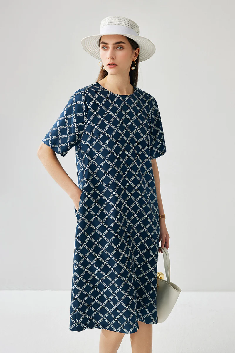 100% Silk Floral Midi Shift Dress with Pockets in Blue - HBQMJX