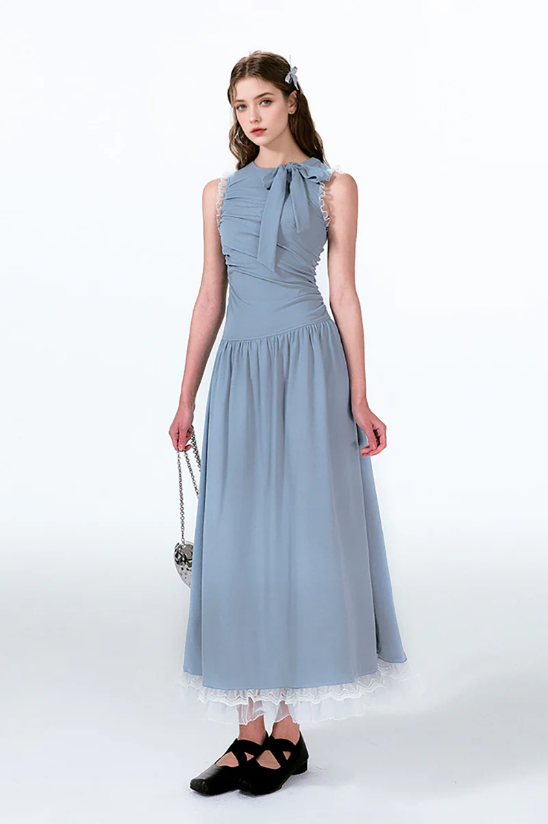 Blue Sleevelss Ruched Fit & Flare Maxi Dress with Bow & Lace - HBQMJX