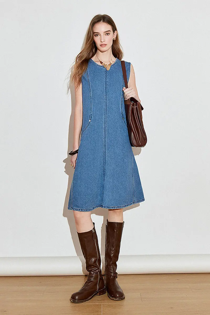 Denim Sleeveless Shift Midi Dress with Pockets - HBQMJX