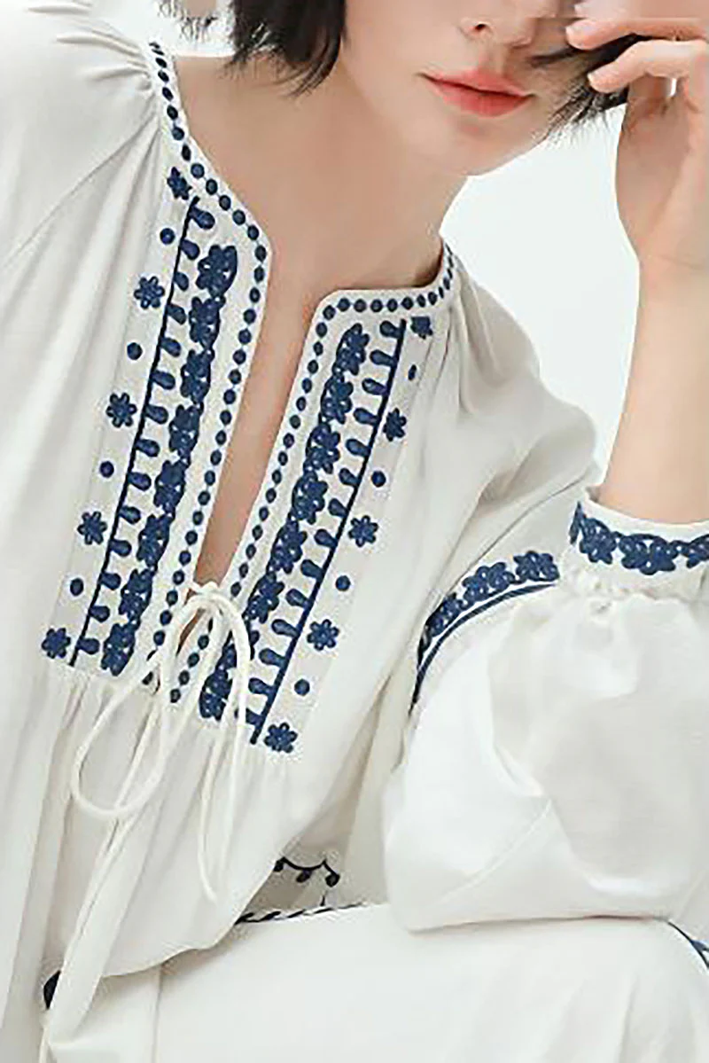 Boho Embroidered Long-Sleeve Split-Neck Maxi Dress - HBQMJX