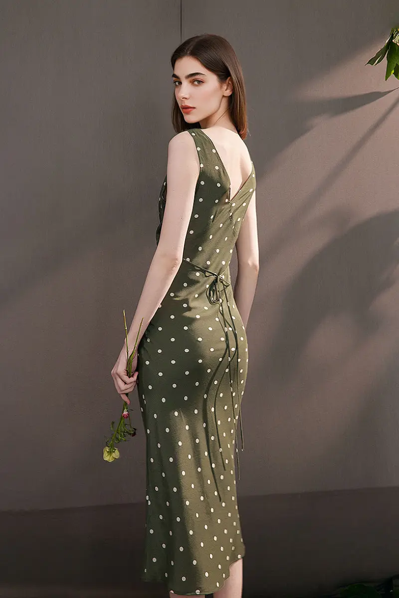 100 Silk Polka Dot Bias-Cut Midi Dress in Olive Green - HBQMJX