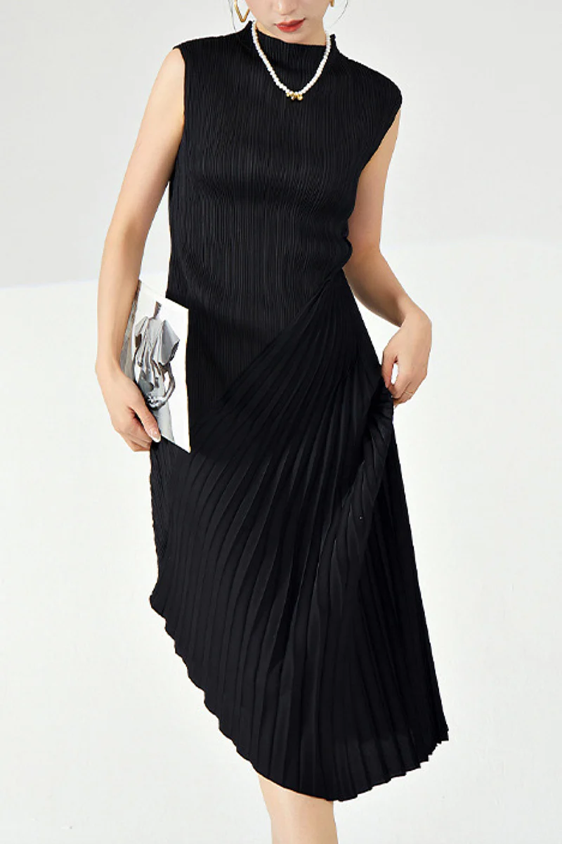 Designer Inspired Pleated Asymmetrical Sleeveless Midi Dress - HBQMJX