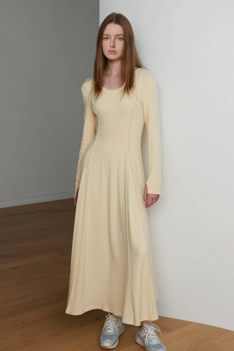 Yellow Stretch Long-Sleeve Scoop-Neck A-Line Maxi Dress - HBQMJX