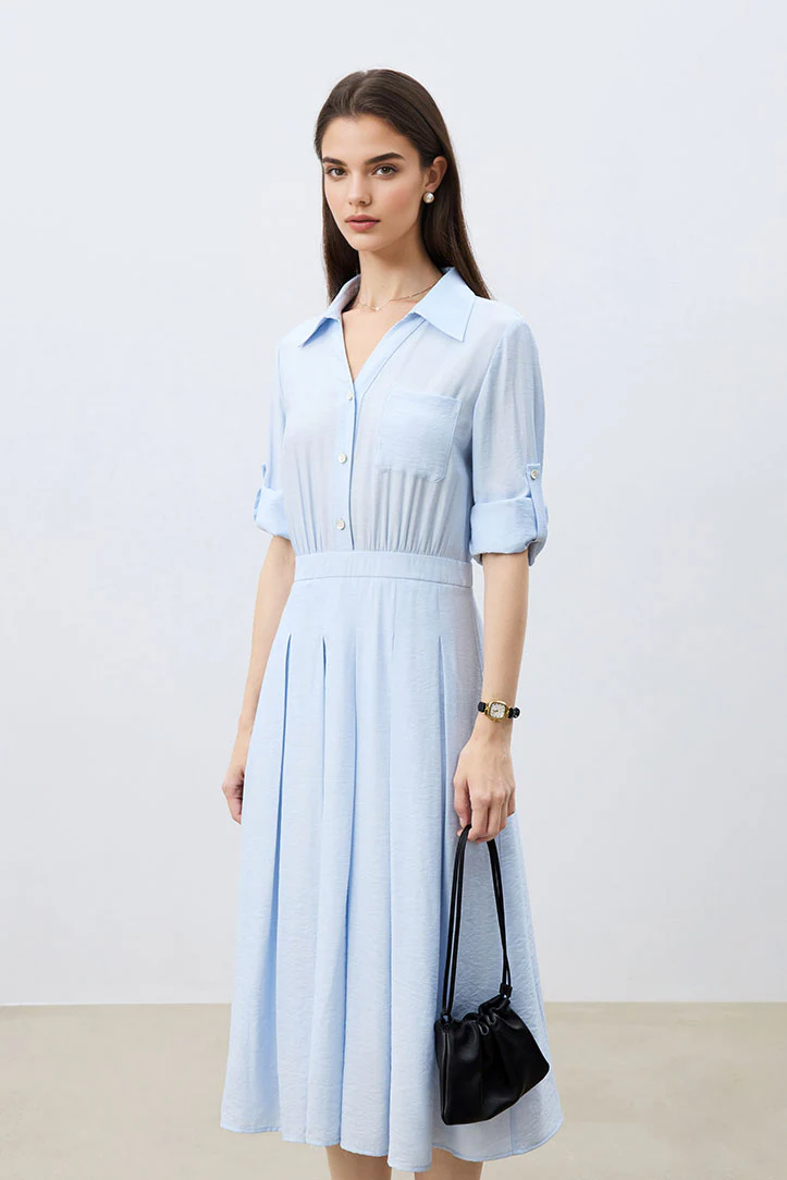 Baby Blue Long Sleeve Midi Shirt Dress - JIEEQQ