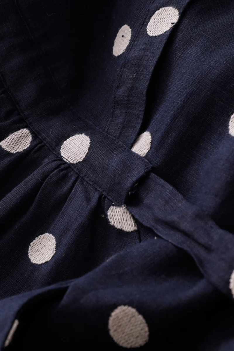 100% Ramie Polka Dot V-Neck Midi Dress - HBQMJX