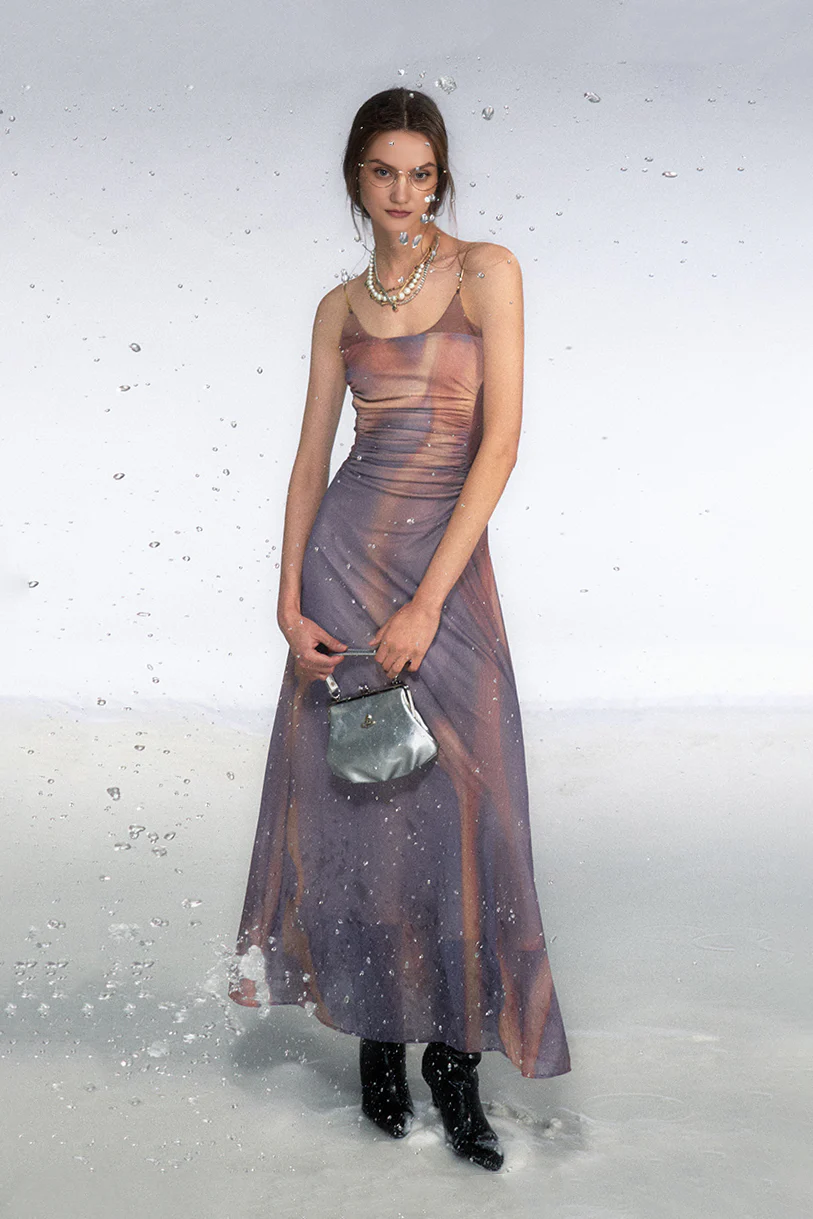 Tie Dye Spaghetti Strap Mesh Dress - HBQMJX