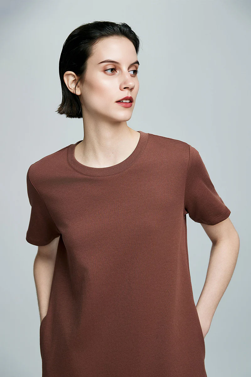 Brown Midi T-Shirt Dress with Pockets - HBQMJX