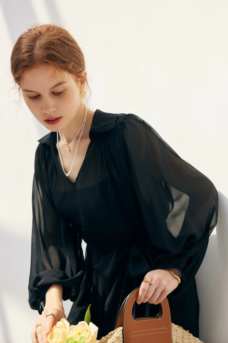 100 Mulberry Silk Flowy Sheer Balloon-Sleeve V-Neck Collared Midi Dress with Belt - HBQMJX