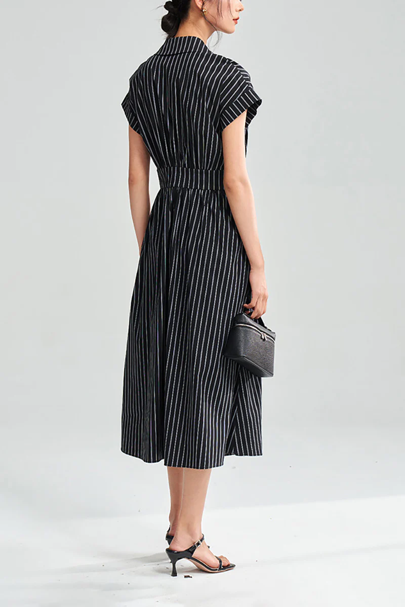 Black & White Striped A-Line Cap-Sleeve Midi Dress - HBQMJX