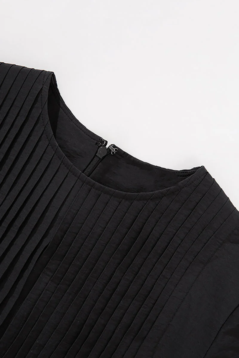 Black Long-Staple Cotton Midi Dress with Front Pleat - HBQMJX