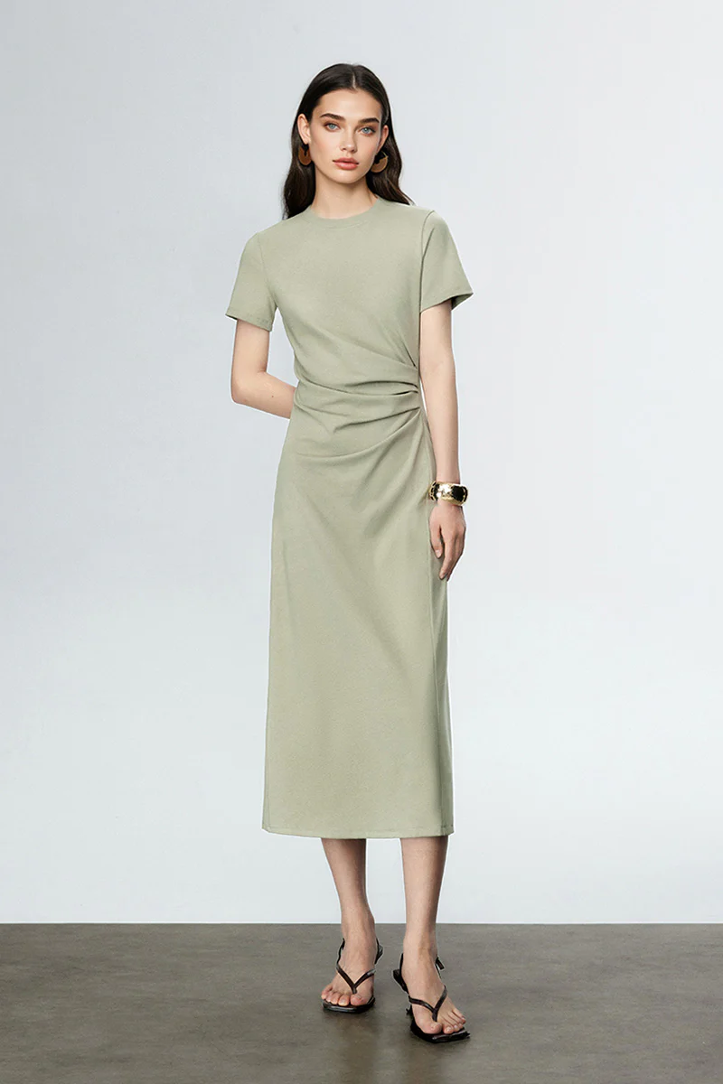 Sage Green Ruched-Waist T-Shirt Midi Dress - HBQMJX