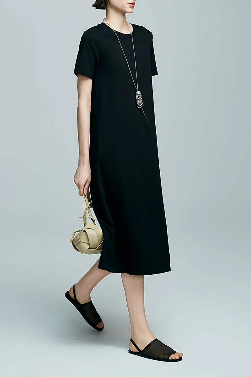 Black Midi T-Shirt Dress with Pockets - JIEEQQ