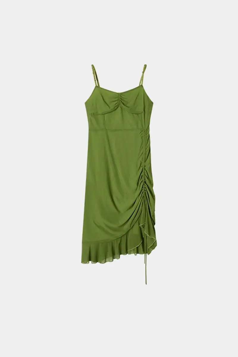 Ruched Mesh Drawstring Midi Dress in Olive Green - HBQMJX