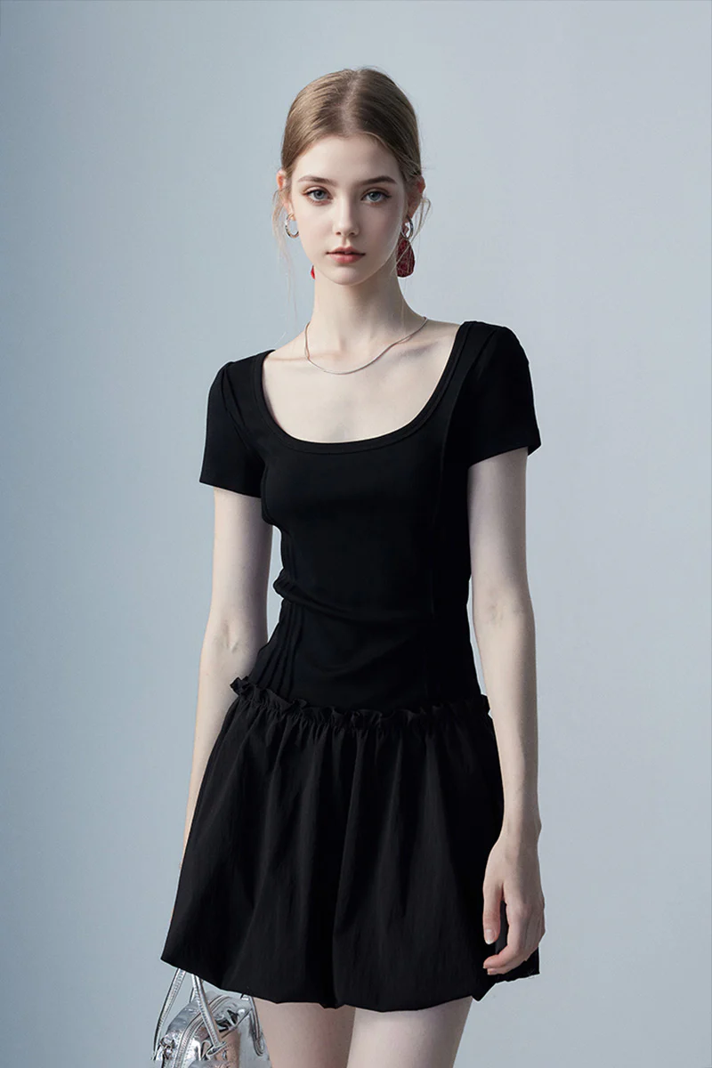 Black Squre-Neck Bubble Mini Dress - HBQMJX