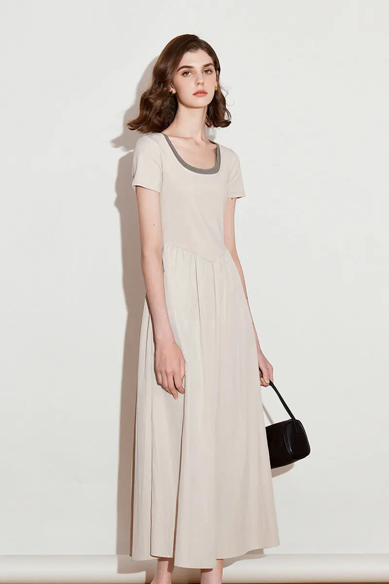 Cotton Short-Sleeve Mixed-Media Fit & Flare Midi Dress - HBQMJX