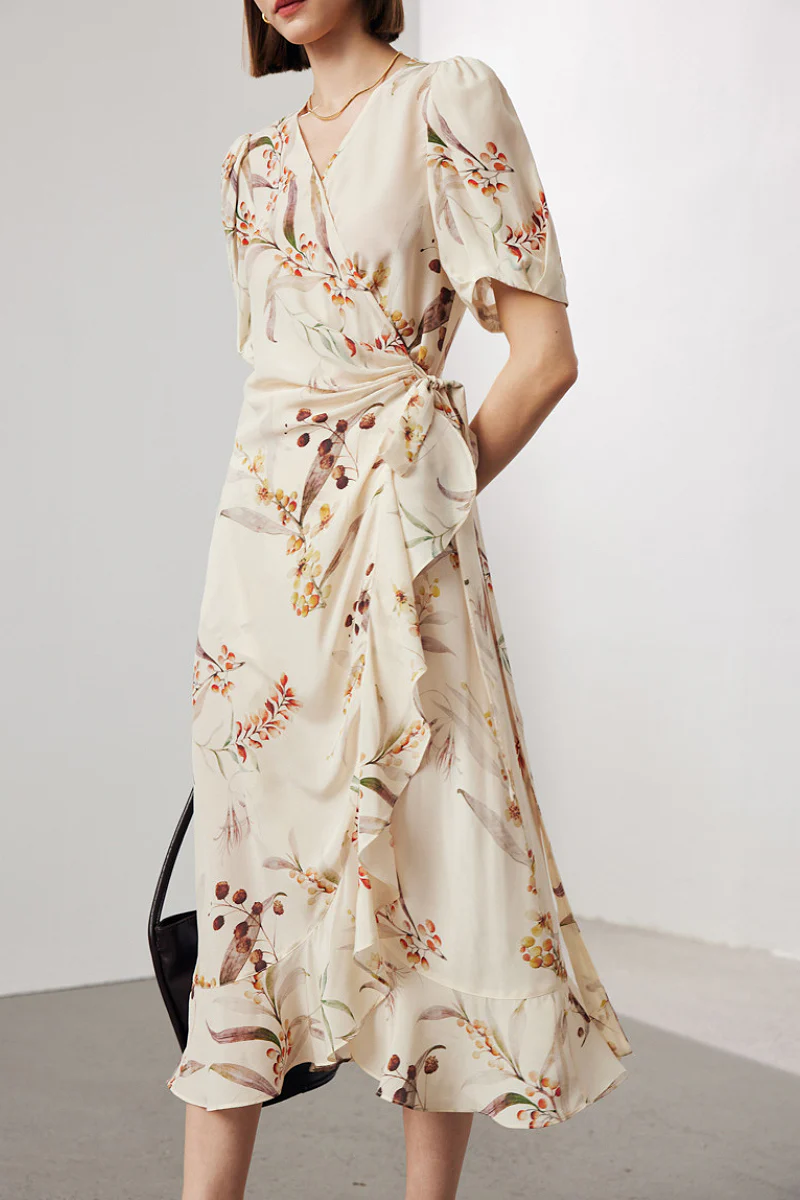100 Mulberry Silk Floral Puff-Sleeve V-Neck Ruffle Wrap Midi Dress - HBQMJX