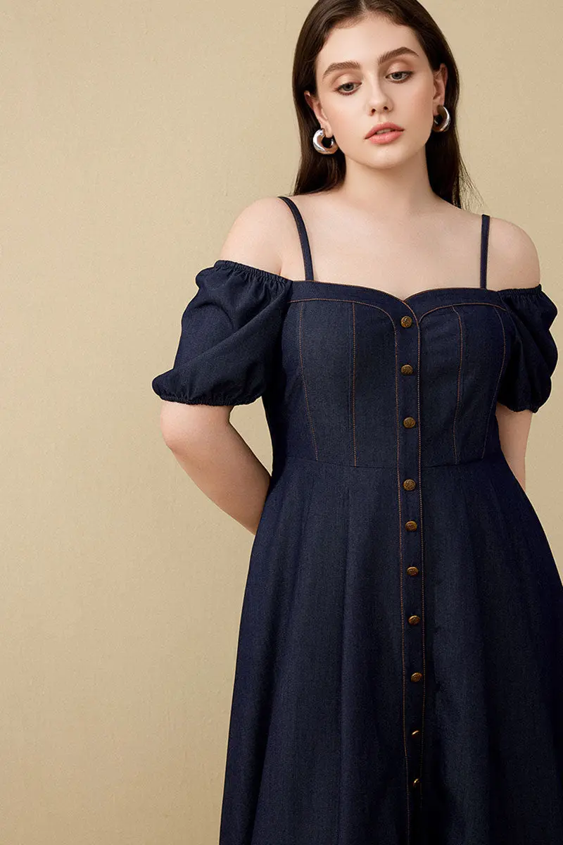 Denim-Inspired Off-Shoulder A-Line Midi Dress with Decorative Buttons - HBQMJX
